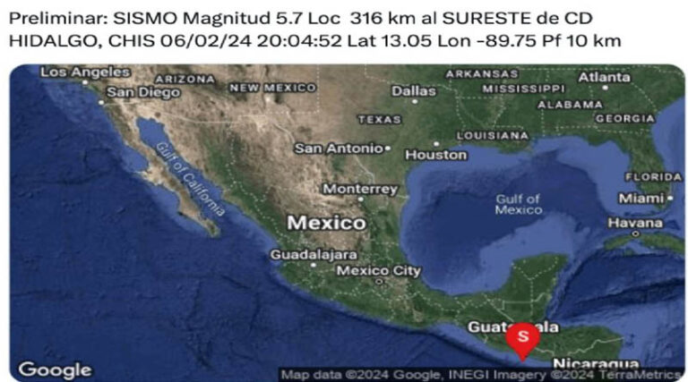 Sísimo de 5.7 grados sacude Ciudad de Hidalgo, Chiapas